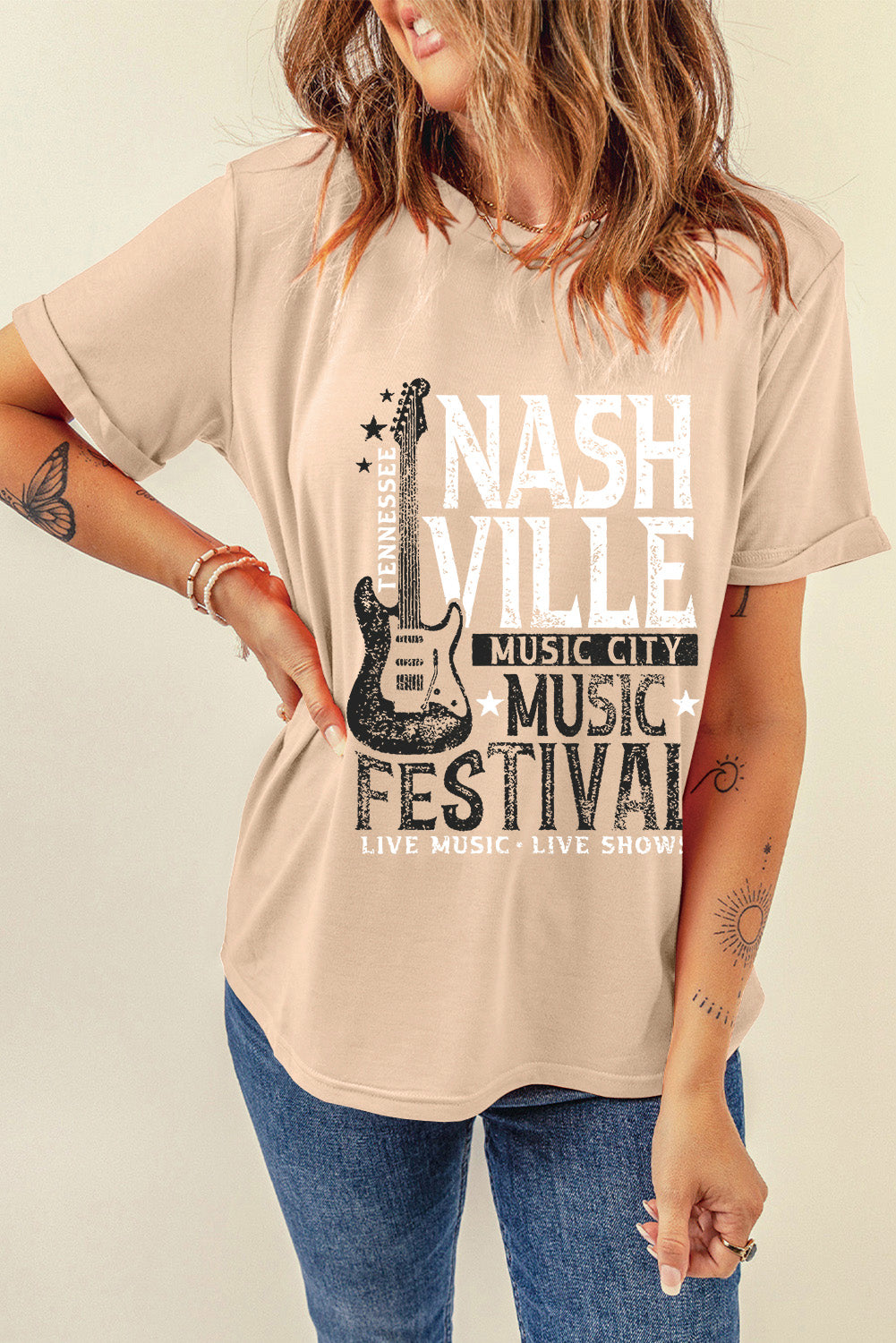 Nashville Music Graphic Round Neck Short Sleeve T-Shirt