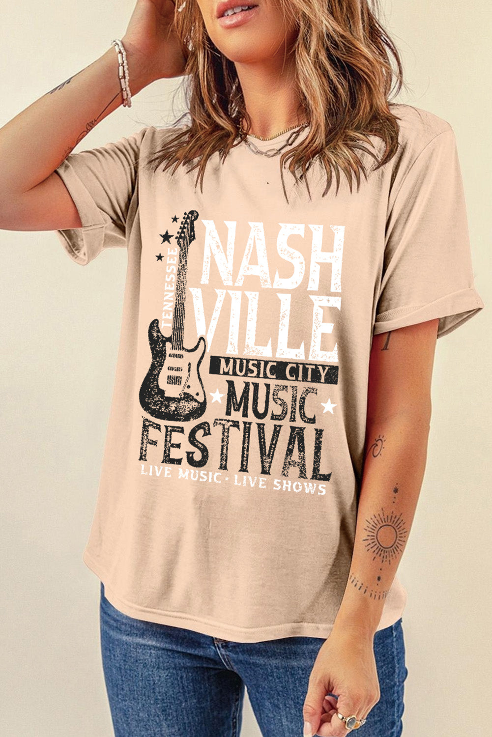 Nashville Music Graphic Round Neck Short Sleeve T-Shirt