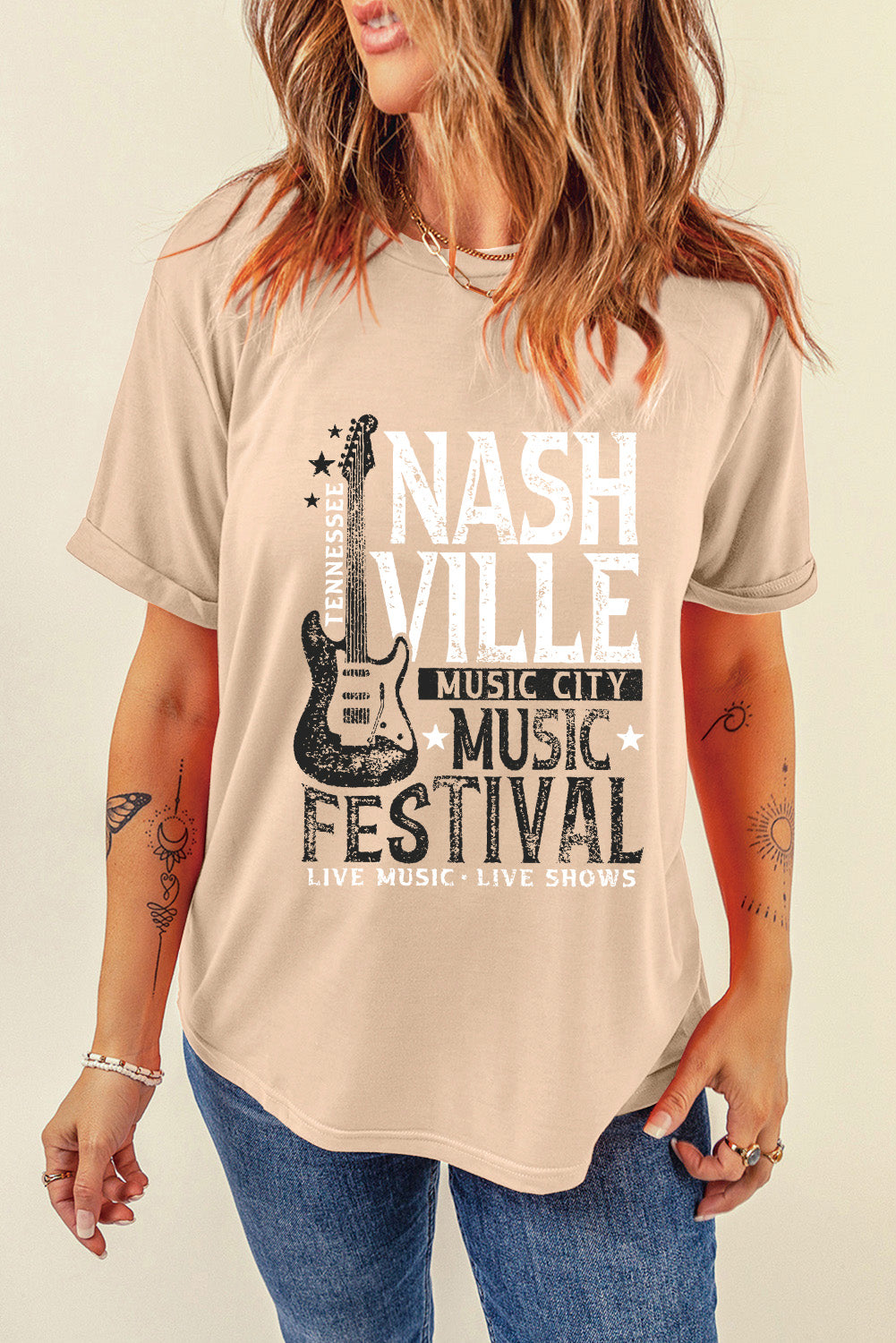 Nashville Music Graphic Round Neck Short Sleeve T-Shirt